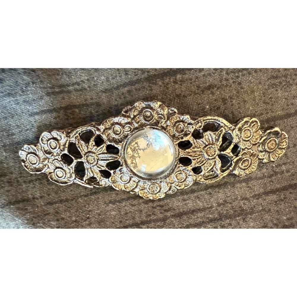 Vintage Victorian Style Open Work Floral Bar Pin Brooch, Faux Moonstone Cabochon
